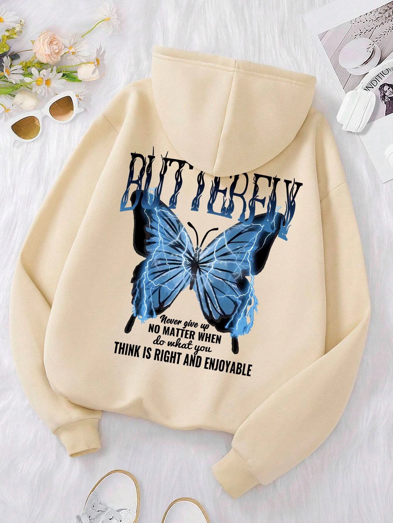 Kapuzenpullover mit Aufdruck „Blue Lightning Butterfly Creative Word“ für Damen, bequem, mit Tasche, lockere, weiche Kapuzenjacke, lässige Sportkleidung