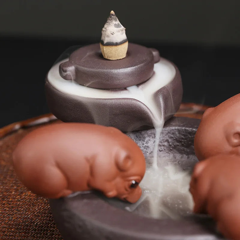 Ceramic Handicraft Lucky Pig Home Ornaments Waterfall Backflow Incense Burner Incense Holder Purple Clay Censer Without Incense