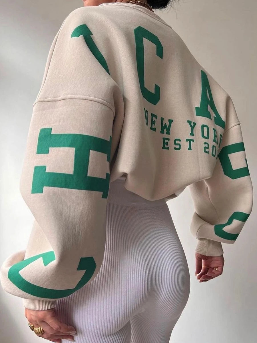 Frauen Grunge Lose Pullover Sweatshirts Zurück Brief Drucken Casual Verdickt Langarm Tops Herbst Streetwear