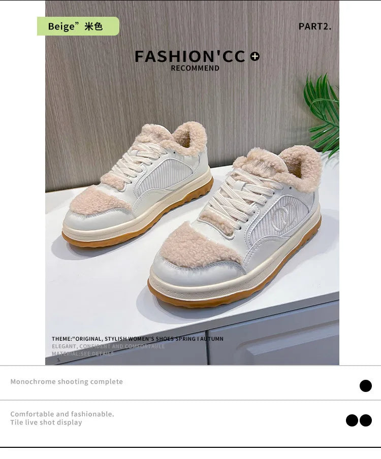 Leather Little White Shoes Women's Sneaker Winter New Warm Fluffy Versatile Sports Thick Baseplate Casual Ins Fashion