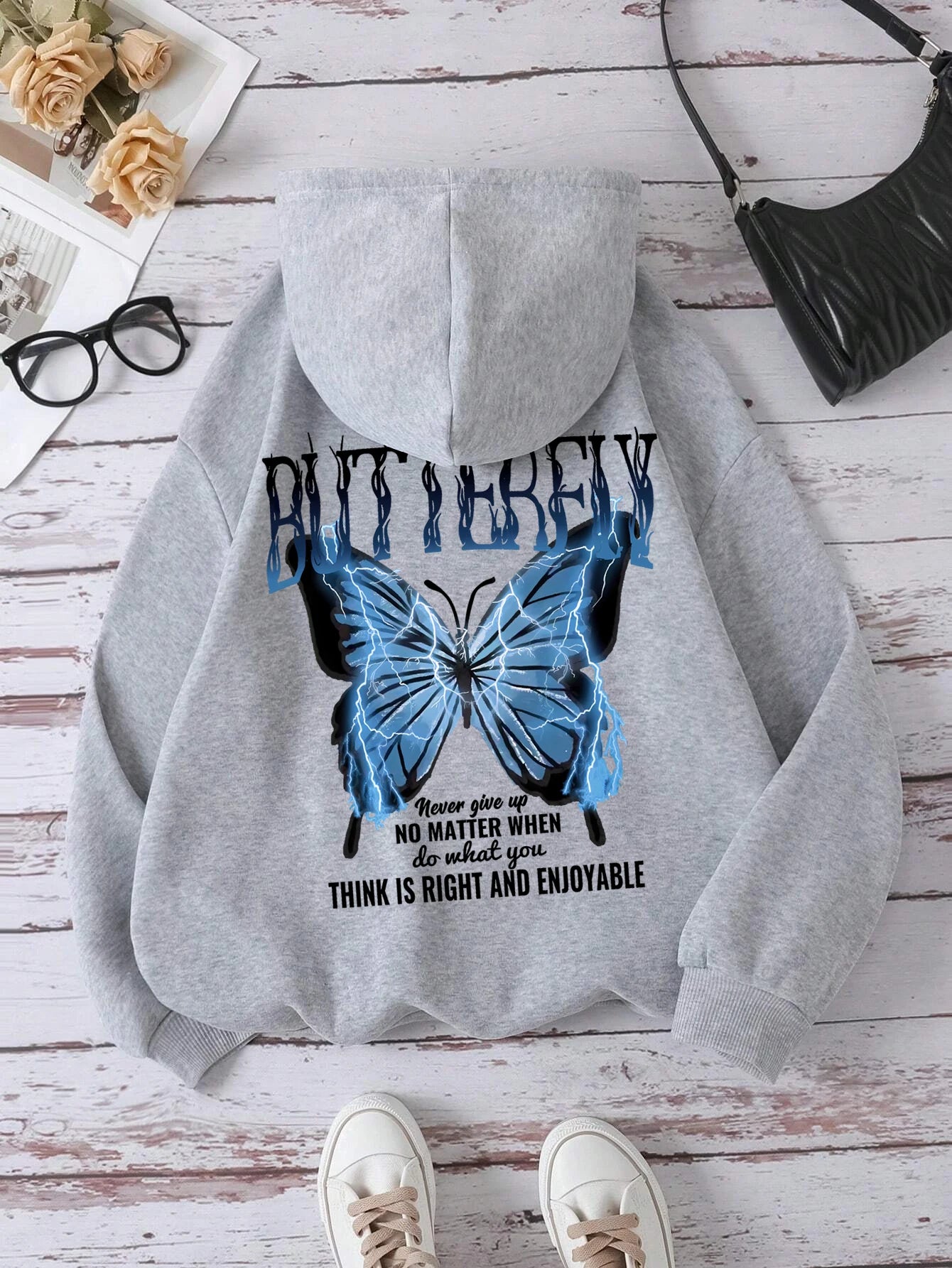 Kapuzenpullover mit Aufdruck „Blue Lightning Butterfly Creative Word“ für Damen, bequem, mit Tasche, lockere, weiche Kapuzenjacke, lässige Sportkleidung