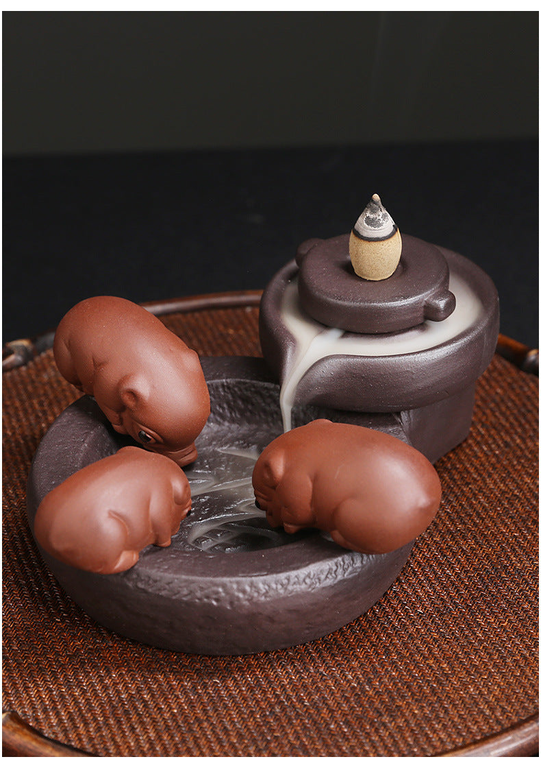 Ceramic Handicraft Lucky Pig Home Ornaments Waterfall Backflow Incense Burner Incense Holder Purple Clay Censer Without Incense