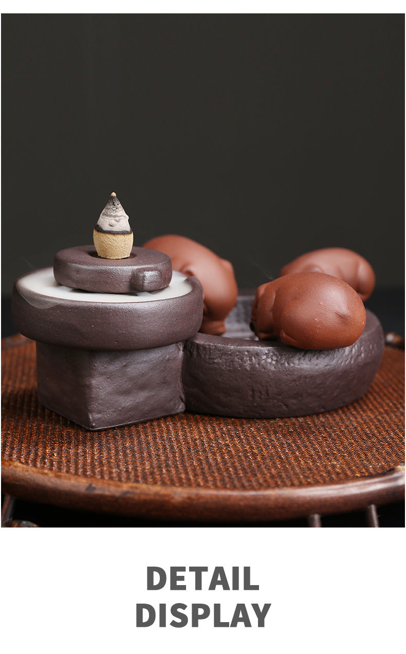 Ceramic Handicraft Lucky Pig Home Ornaments Waterfall Backflow Incense Burner Incense Holder Purple Clay Censer Without Incense