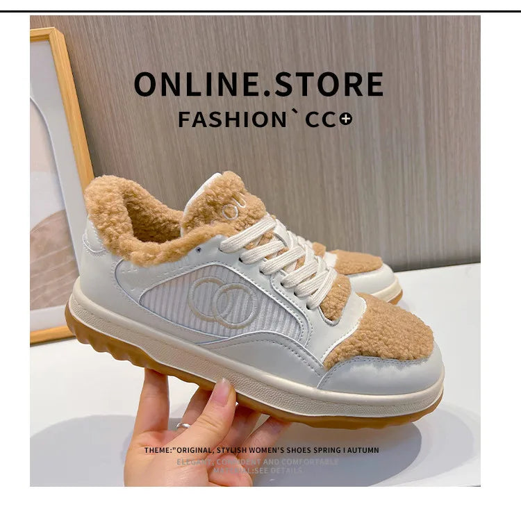 Leather Little White Shoes Women's Sneaker Winter New Warm Fluffy Versatile Sports Thick Baseplate Casual Ins Fashion