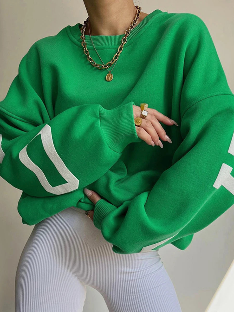 Caziffer Damen-Pullover, locker, übergroß, mit Buchstaben-Print, Rundhalsausschnitt, lässig, verdickt, lange Ärmel, Y2K, Boyfriend-Tops