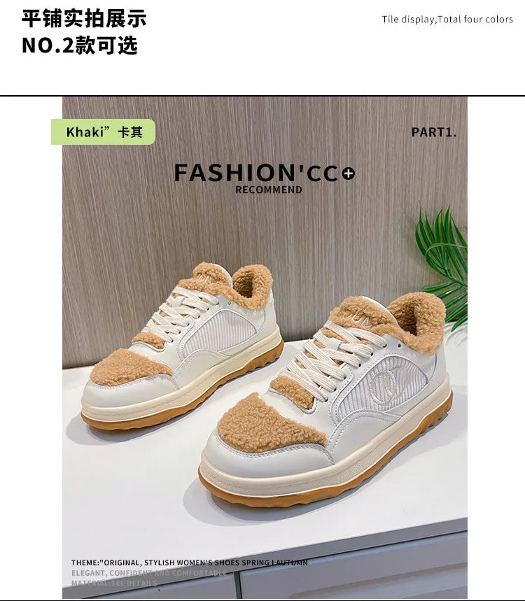 Leather Little White Shoes Women's Sneaker Winter New Warm Fluffy Versatile Sports Thick Baseplate Casual Ins Fashion