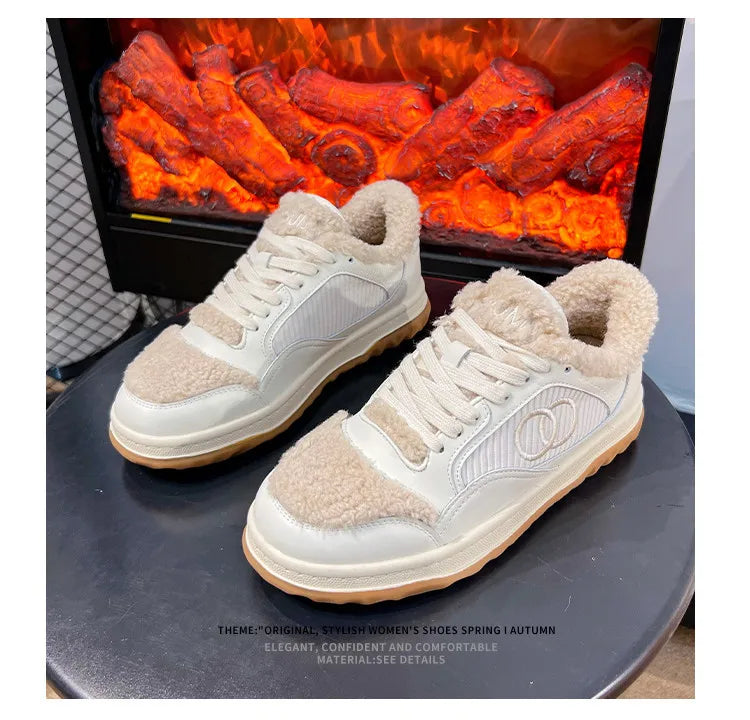 Leather Little White Shoes Women's Sneaker Winter New Warm Fluffy Versatile Sports Thick Baseplate Casual Ins Fashion