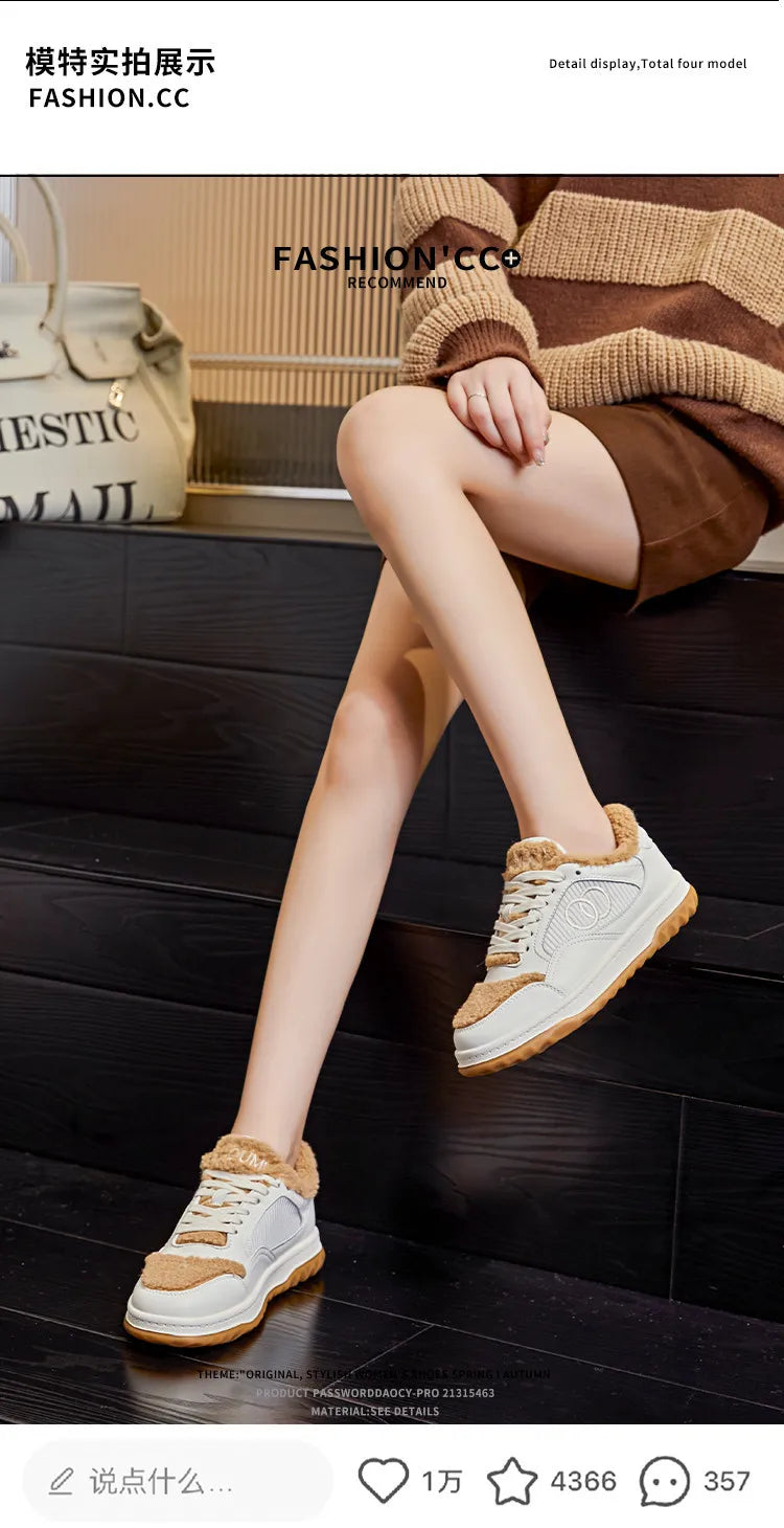 Leather Little White Shoes Women's Sneaker Winter New Warm Fluffy Versatile Sports Thick Baseplate Casual Ins Fashion