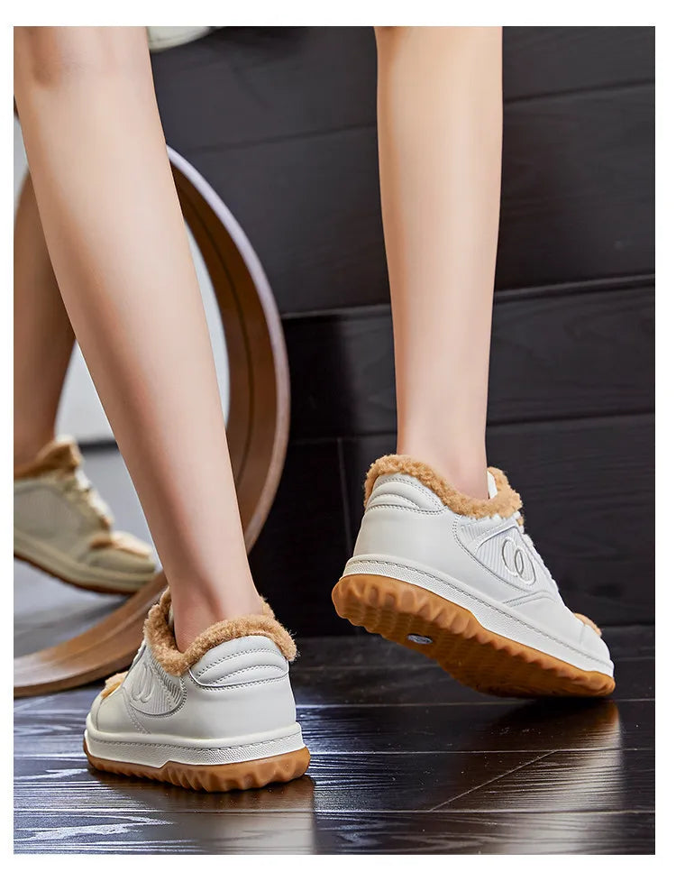 Leather Little White Shoes Women's Sneaker Winter New Warm Fluffy Versatile Sports Thick Baseplate Casual Ins Fashion