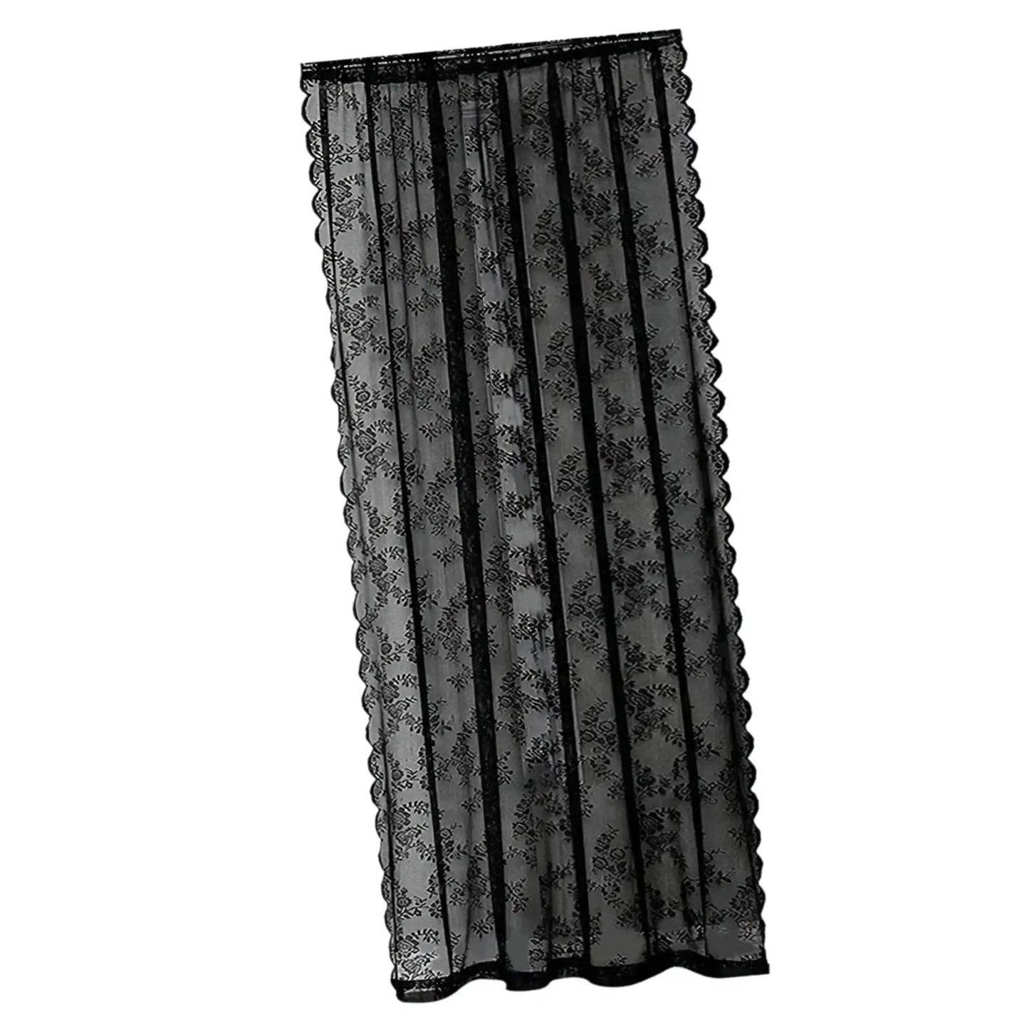 Schwarze florale Netzvorhänge, modisch für die Dekoration des Esszimmers im Landhausstil.