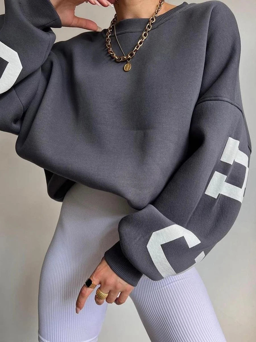Frauen Grunge Lose Pullover Sweatshirts Zurück Brief Drucken Casual Verdickt Langarm Tops Herbst Streetwear