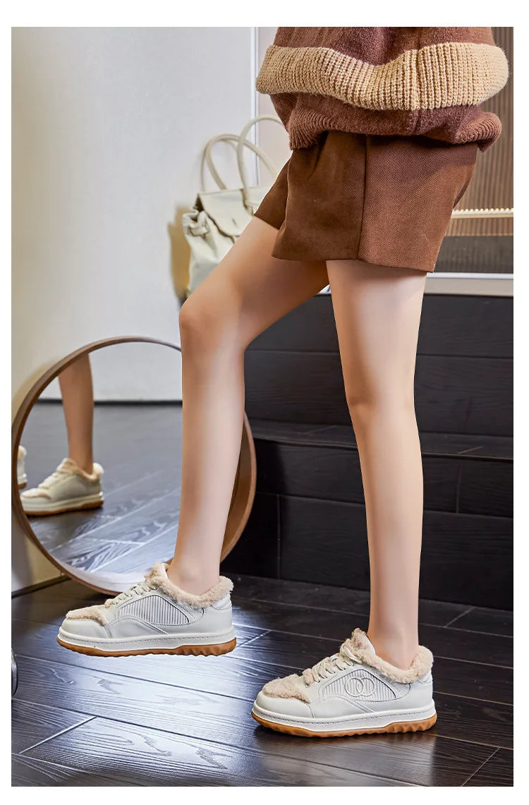 Leather Little White Shoes Women's Sneaker Winter New Warm Fluffy Versatile Sports Thick Baseplate Casual Ins Fashion