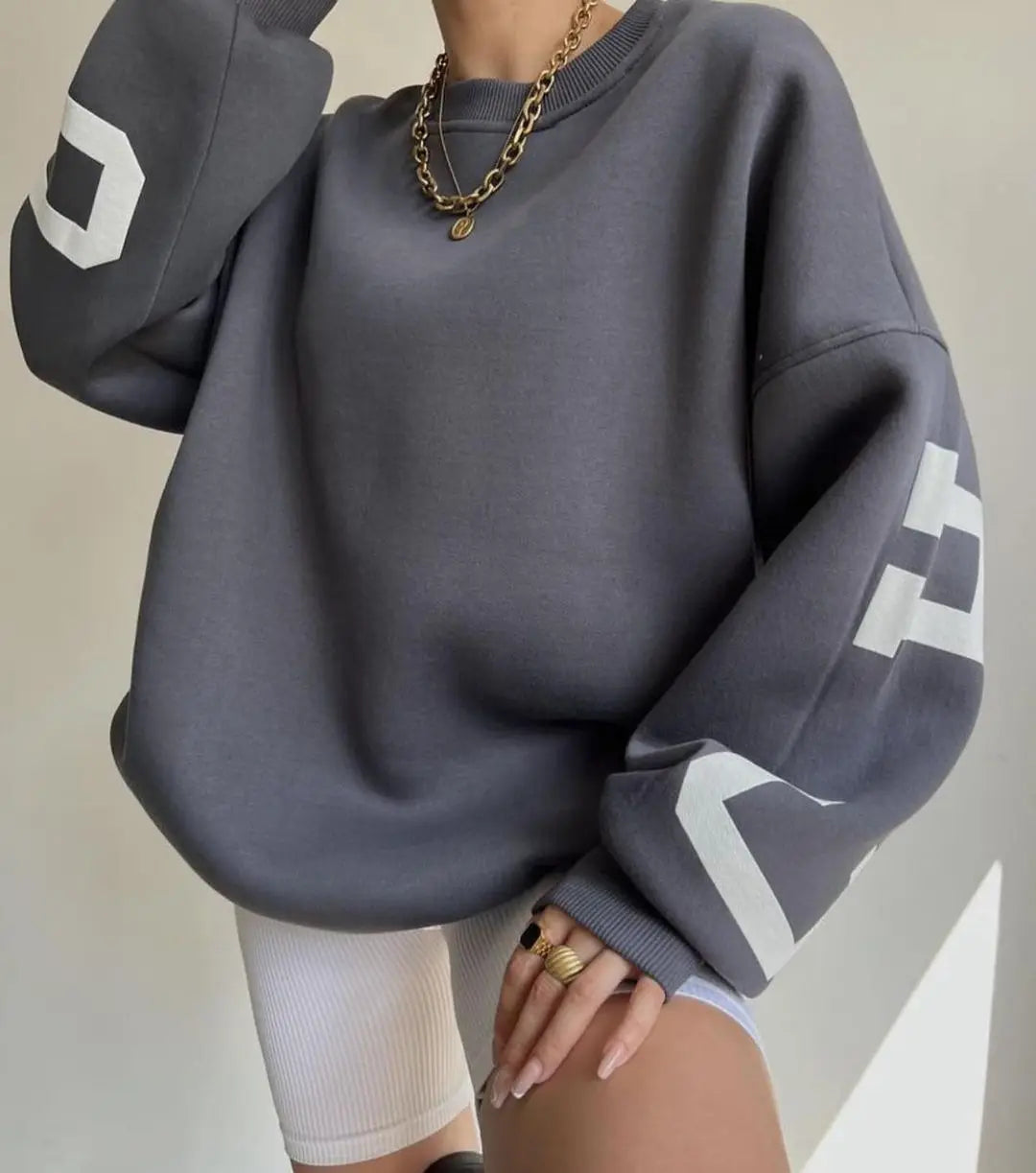 Frauen Grunge Lose Pullover Sweatshirts Zurück Brief Drucken Casual Verdickt Langarm Tops Herbst Streetwear