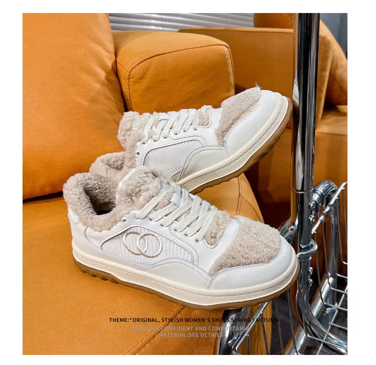 Leather Little White Shoes Women's Sneaker Winter New Warm Fluffy Versatile Sports Thick Baseplate Casual Ins Fashion