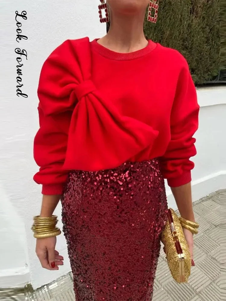 Solide Bogen Oansatz Frauen Sweatshirts Lose Langarm Casual Weibliche Pullover 2024 Frühling Mode Alle-spiel Dame Frau Kleidung