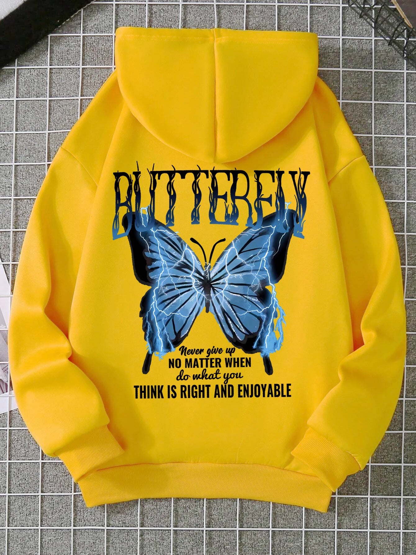 Kapuzenpullover mit Aufdruck „Blue Lightning Butterfly Creative Word“ für Damen, bequem, mit Tasche, lockere, weiche Kapuzenjacke, lässige Sportkleidung