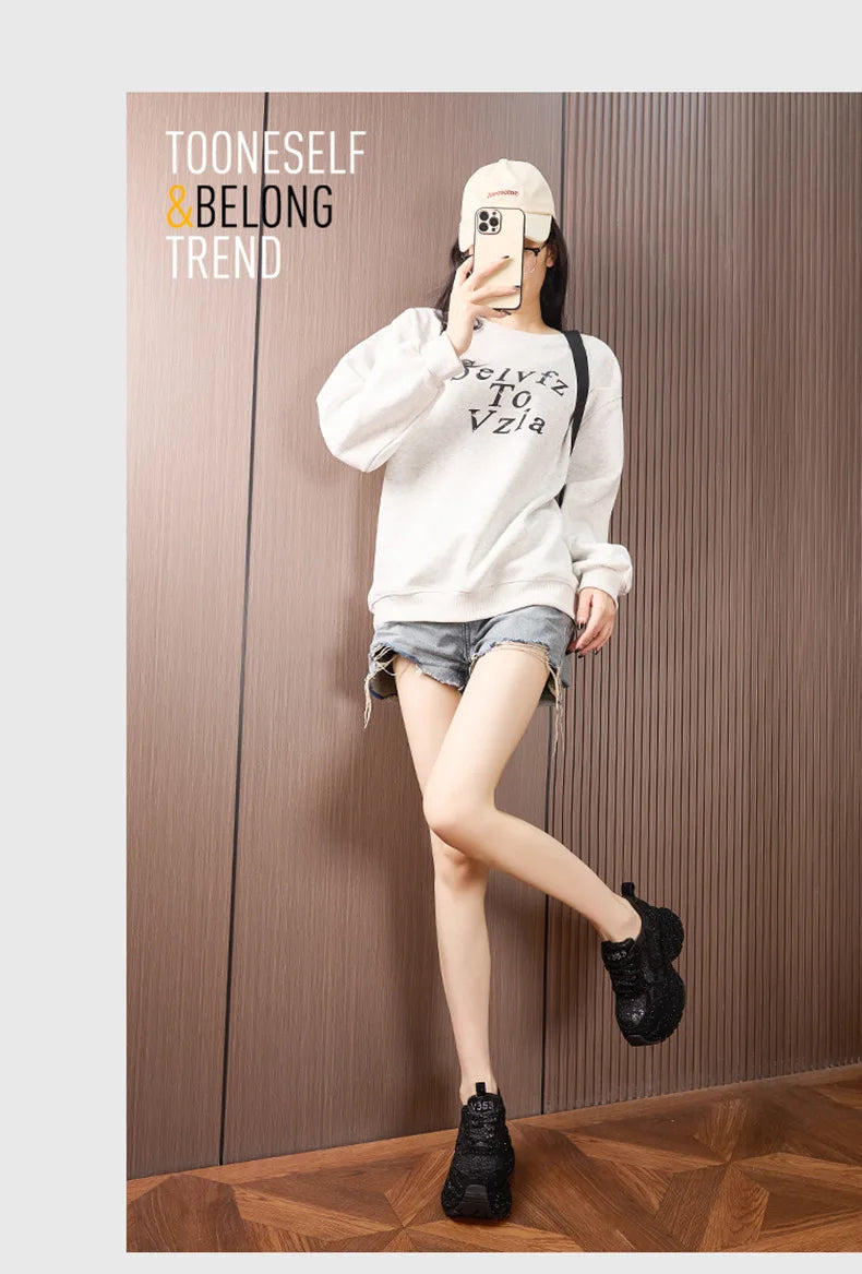 Women's Rhinestone Shoes Autumn Fashionable and Versatile Inner Height Increasing Women's Shoes Thick-soled Casual Sports Shoes