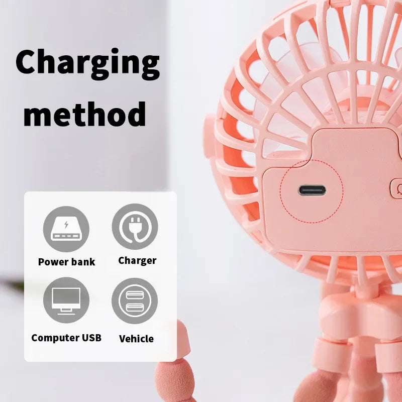 Tragbarer Mini-USB-Ventilator mit Oktopus-Motiv und flexiblem Stativ, 3 Geschwindigkeitsmodi, wiederaufladbarer Akku, persönliche Kühlung für Fahrrad, Kinderwagen, Auto