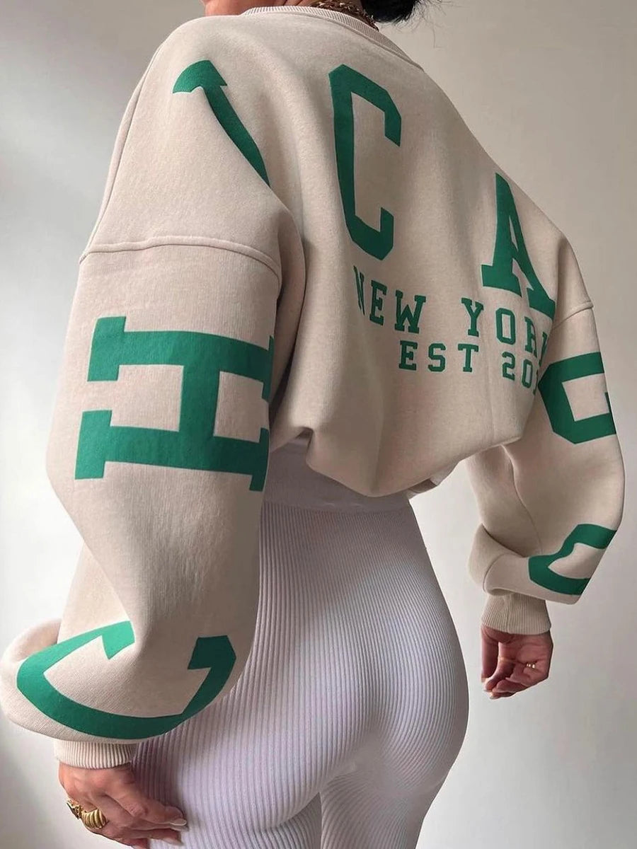 Caziffer Damen-Pullover, locker, übergroß, mit Buchstaben-Print, Rundhalsausschnitt, lässig, verdickt, lange Ärmel, Y2K, Boyfriend-Tops