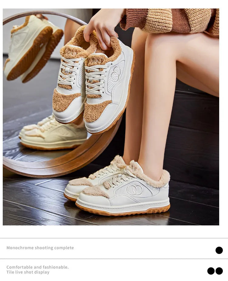 Leather Little White Shoes Women's Sneaker Winter New Warm Fluffy Versatile Sports Thick Baseplate Casual Ins Fashion