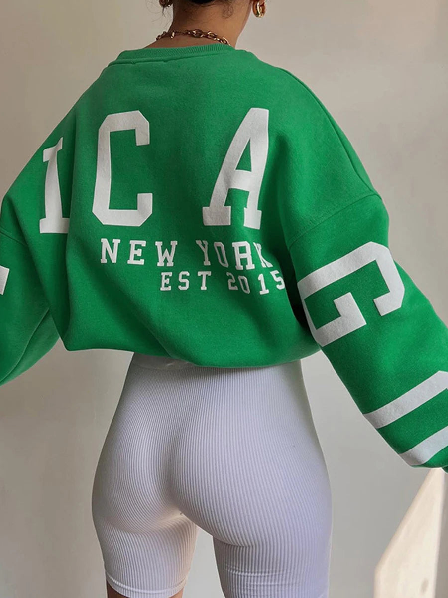 Caziffer Damen-Pullover, locker, übergroß, mit Buchstaben-Print, Rundhalsausschnitt, lässig, verdickt, lange Ärmel, Y2K, Boyfriend-Tops