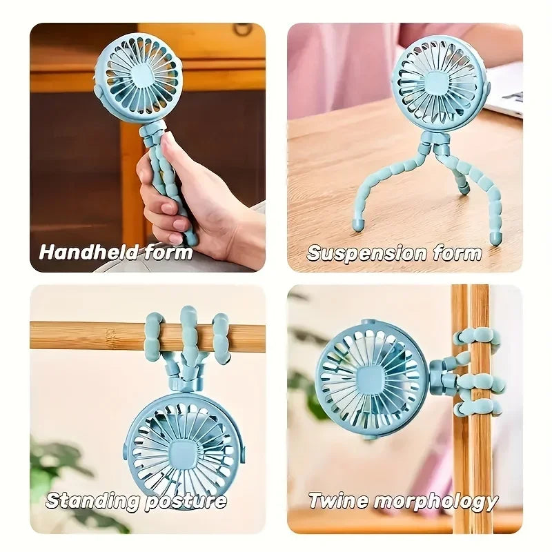 Tragbarer Mini-USB-Ventilator mit Oktopus-Motiv und flexiblem Stativ, 3 Geschwindigkeitsmodi, wiederaufladbarer Akku, persönliche Kühlung für Fahrrad, Kinderwagen, Auto
