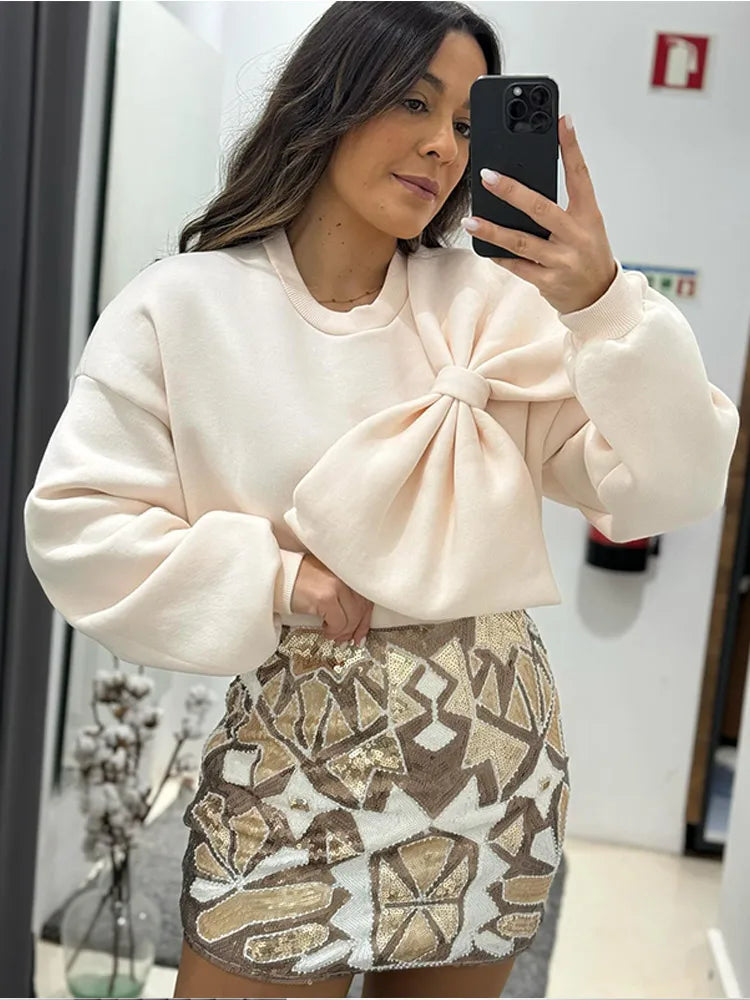 Solide Bogen Oansatz Frauen Sweatshirts Lose Langarm Casual Weibliche Pullover 2024 Frühling Mode Alle-spiel Dame Frau Kleidung
