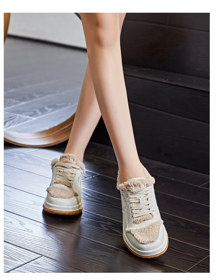 Leather Little White Shoes Women's Sneaker Winter New Warm Fluffy Versatile Sports Thick Baseplate Casual Ins Fashion