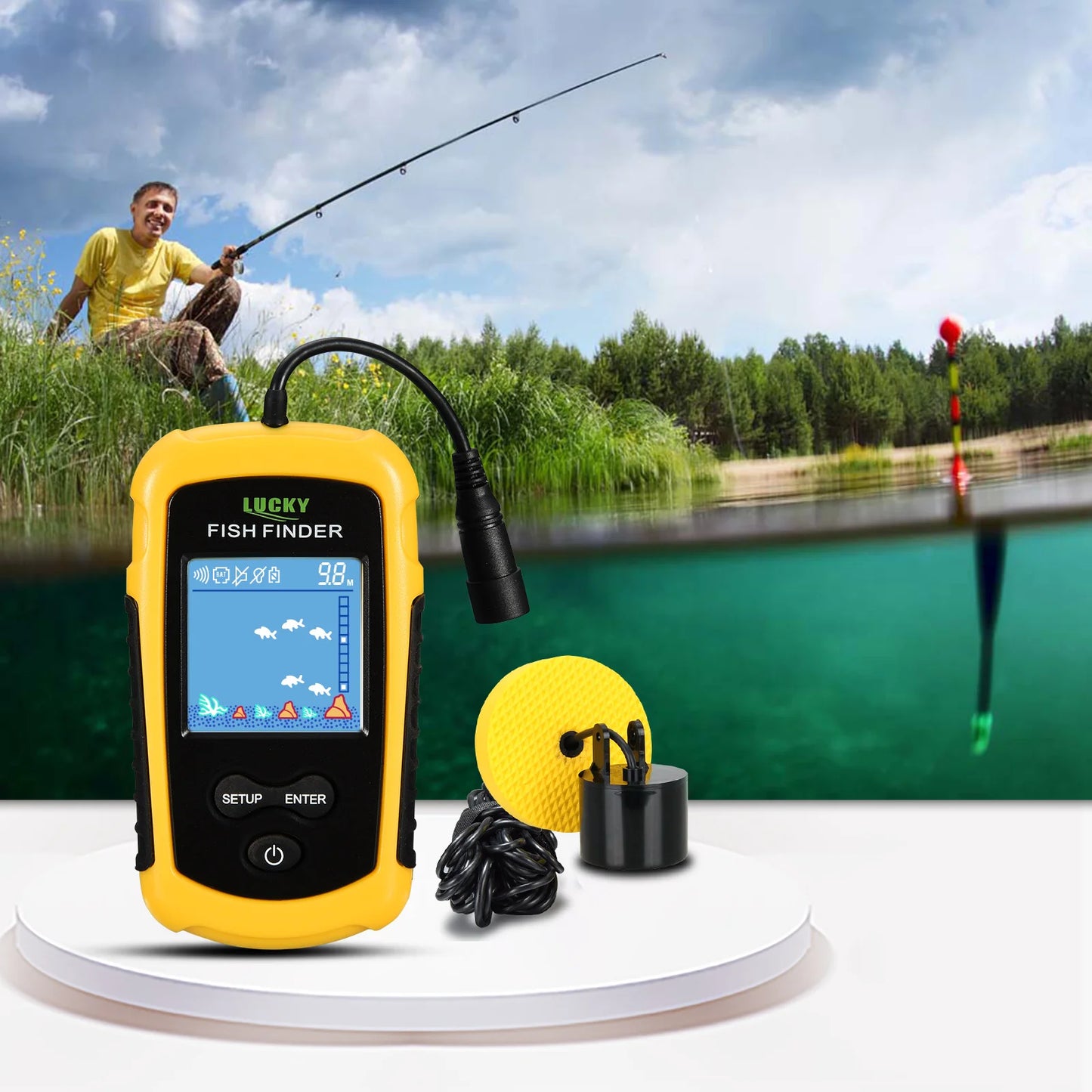 FFC1108-1 Alarm 100M Tragbarer Sonar-Fischfinder 45-Grad-Sonar-Abdeckung Echolot-Alarmgeber See-Meeresangeln