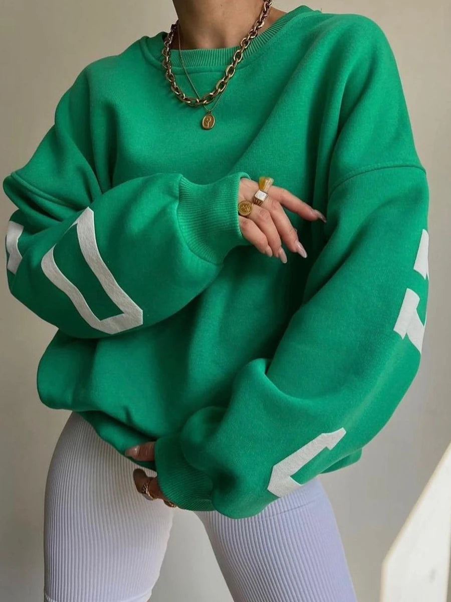 Frauen Grunge Lose Pullover Sweatshirts Zurück Brief Drucken Casual Verdickt Langarm Tops Herbst Streetwear