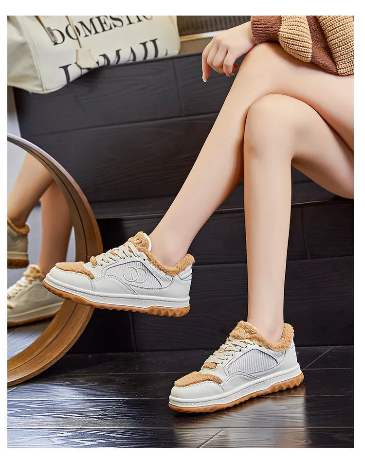 Leather Little White Shoes Women's Sneaker Winter New Warm Fluffy Versatile Sports Thick Baseplate Casual Ins Fashion