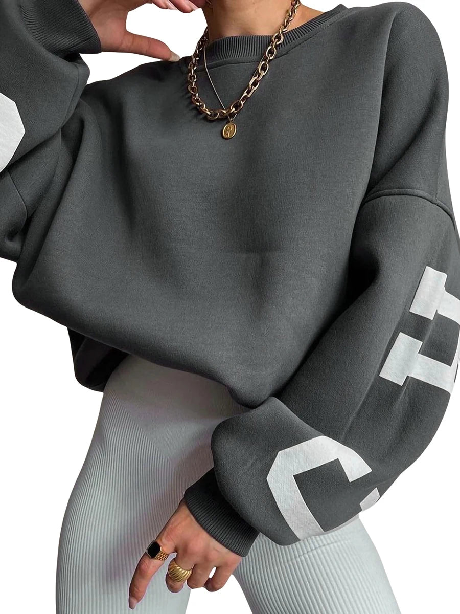 Caziffer Damen-Pullover, locker, übergroß, mit Buchstaben-Print, Rundhalsausschnitt, lässig, verdickt, lange Ärmel, Y2K, Boyfriend-Tops