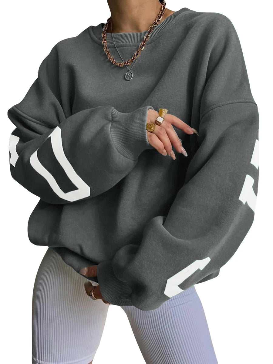 Caziffer Damen-Pullover, locker, übergroß, mit Buchstaben-Print, Rundhalsausschnitt, lässig, verdickt, lange Ärmel, Y2K, Boyfriend-Tops