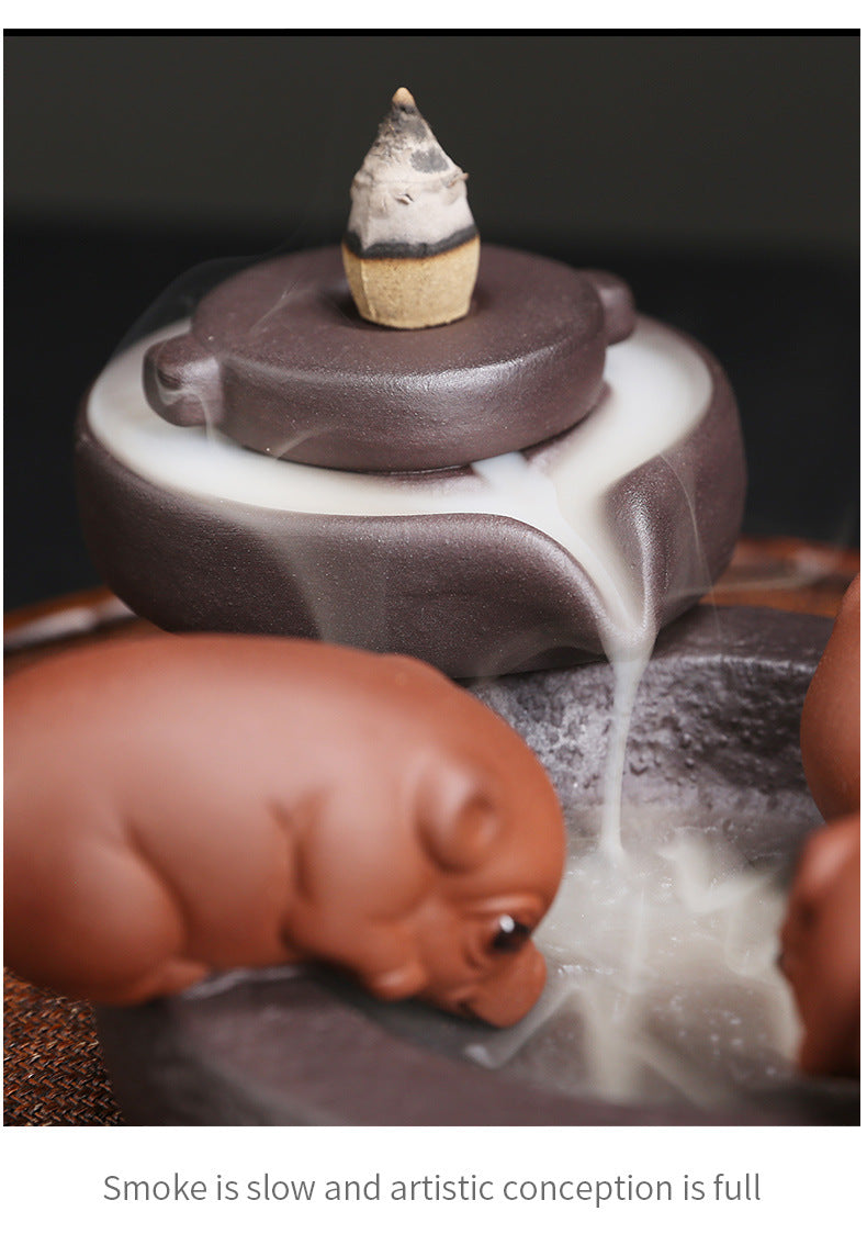Ceramic Handicraft Lucky Pig Home Ornaments Waterfall Backflow Incense Burner Incense Holder Purple Clay Censer Without Incense