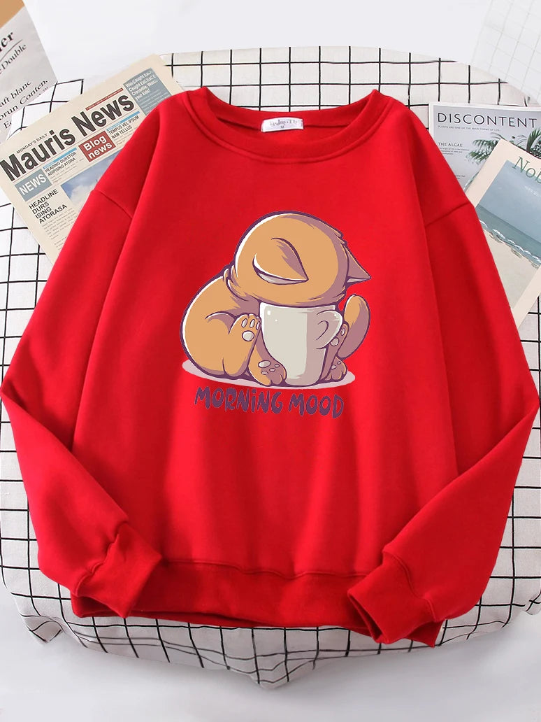 Katze schaut auf die Tasse, schönes Sweatshirt, Damenmode, Fleece-Kapuzenpullover mit Rundhalsausschnitt, lässige Hoodies, Pullover, Übergröße, Sportbekleidung