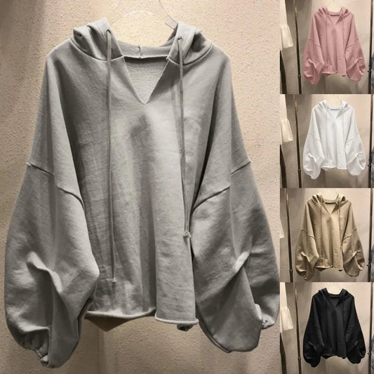 Damen Hoodies Sweatshirt Einfarbig Kordelzug Pullover Hoodie Herbst Fledermausärmel V-Ausschnitt Damen Sweatshirt Lose Jumper 2021