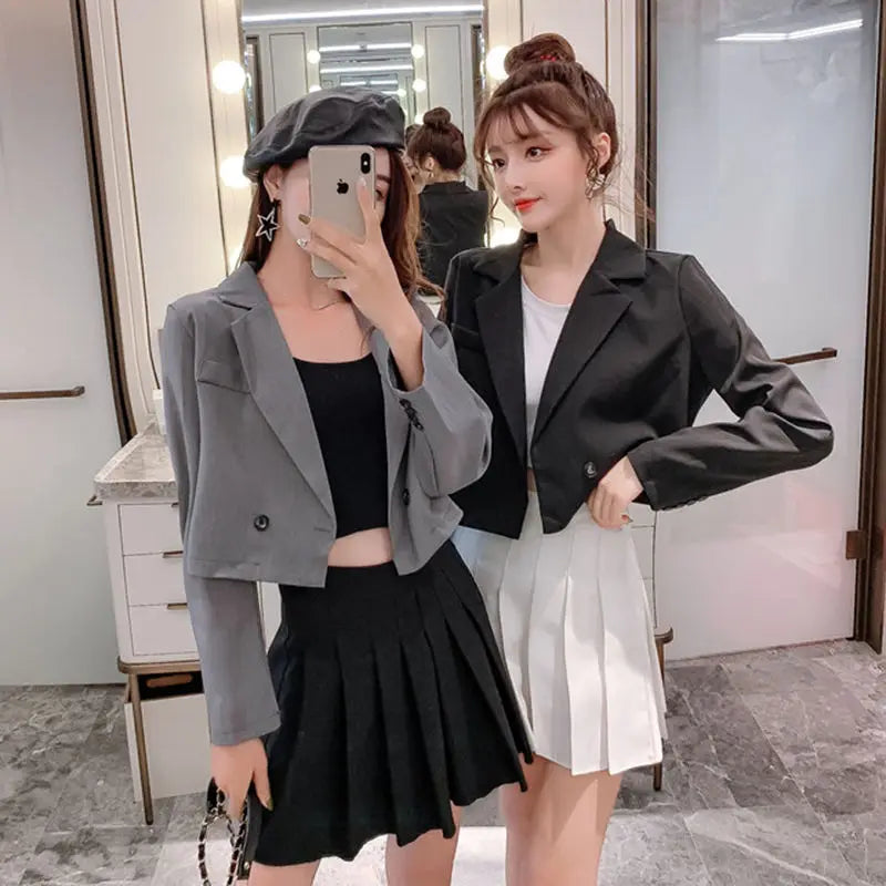 Cropped Blazers Women Ins Popular Notched Korean Slim Fit Fashion Hit Colors Stylish Suits Chic Tender Solid Straight Outwear OL