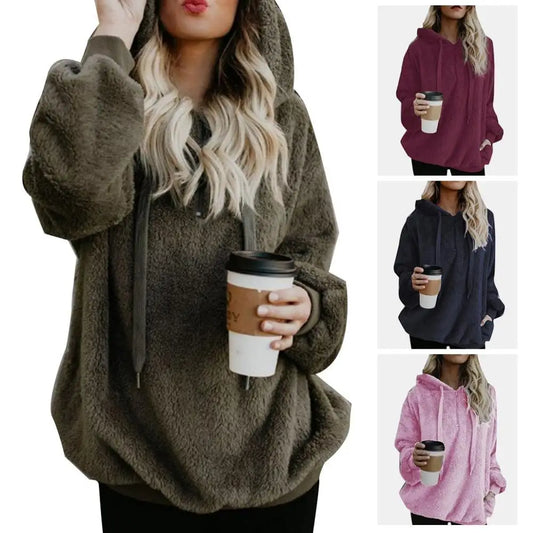 Modische Damen-Kapuzenpullover in Übergröße, einfarbig, 1/4-Reißverschluss, flauschige Kapuzenoberteile, Oberbekleidung für Frauen