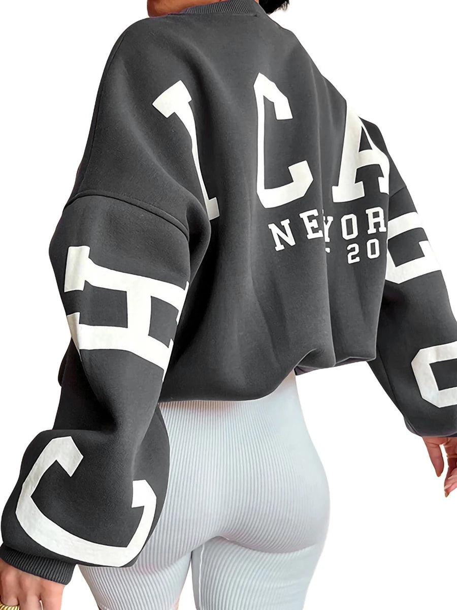 Caziffer Damen-Pullover, locker, übergroß, mit Buchstaben-Print, Rundhalsausschnitt, lässig, verdickt, lange Ärmel, Y2K, Boyfriend-Tops