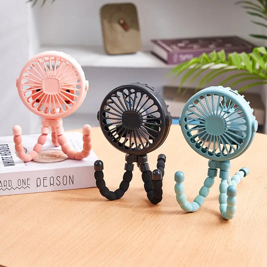 Tragbarer Mini-USB-Ventilator mit Oktopus-Motiv und flexiblem Stativ, 3 Geschwindigkeitsmodi, wiederaufladbarer Akku, persönliche Kühlung für Fahrrad, Kinderwagen, Auto