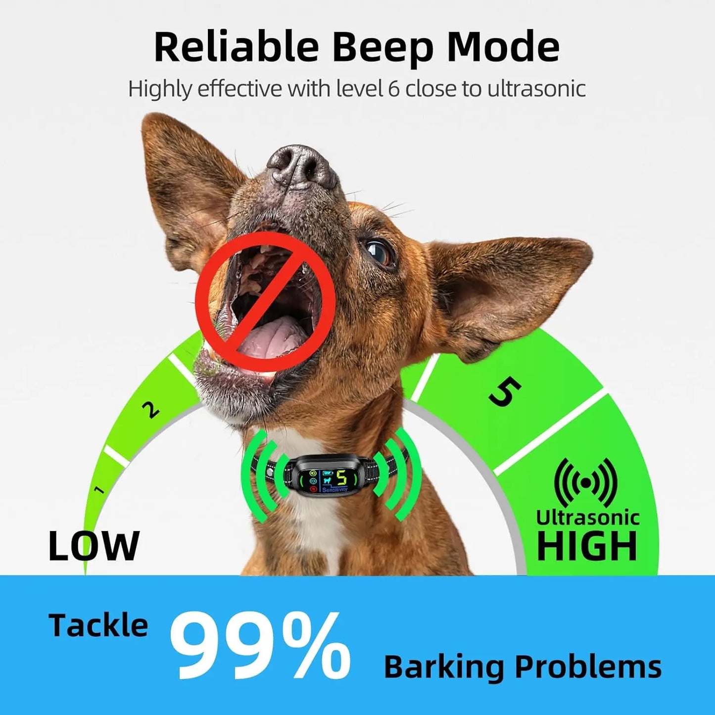 Fortschrittliches, intelligentes Anti-Bell-Hundehalsband – wiederaufladbar, 5-Modus-Training (Piep, Vibration, Schock) – human und effektiv für große,