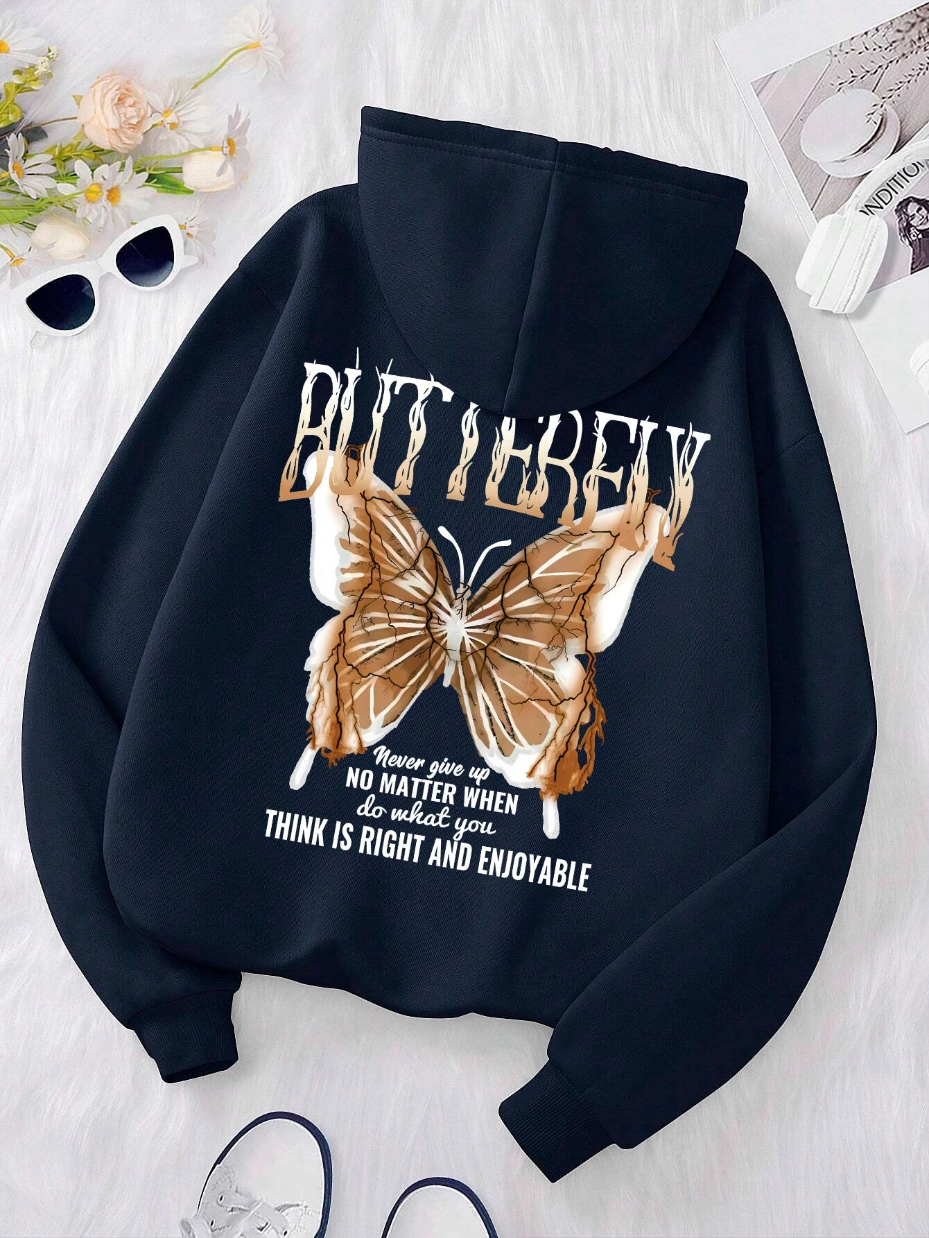 Kapuzenpullover mit Aufdruck „Blue Lightning Butterfly Creative Word“ für Damen, bequem, mit Tasche, lockere, weiche Kapuzenjacke, lässige Sportkleidung