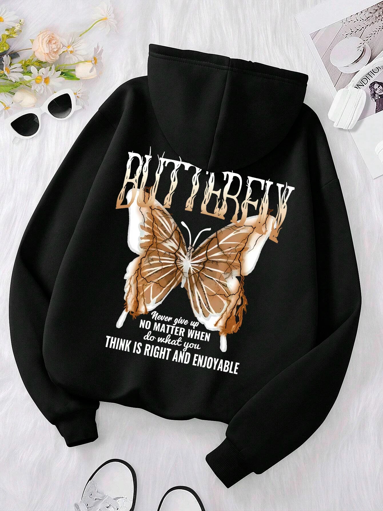 Kapuzenpullover mit Aufdruck „Blue Lightning Butterfly Creative Word“ für Damen, bequem, mit Tasche, lockere, weiche Kapuzenjacke, lässige Sportkleidung
