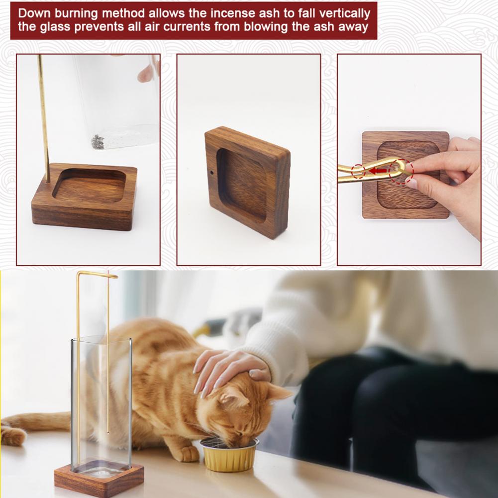 Modern Incense Burner With Glass Ash Catcher, Anti-ash Flying Incense Sticks Holder Wood Base For Home Decor Yoga Meditation