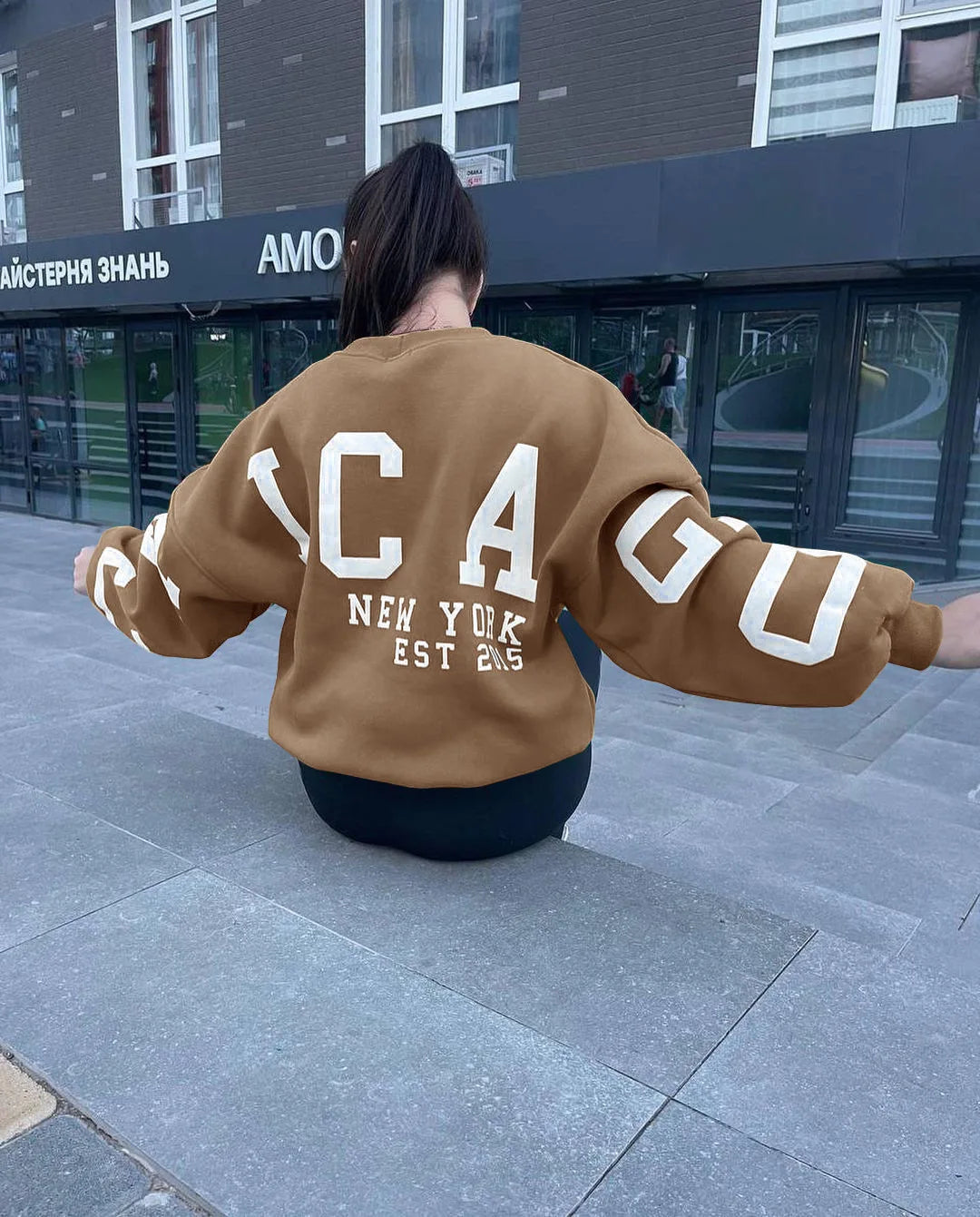 Frauen Grunge Lose Pullover Sweatshirts Zurück Brief Drucken Casual Verdickt Langarm Tops Herbst Streetwear