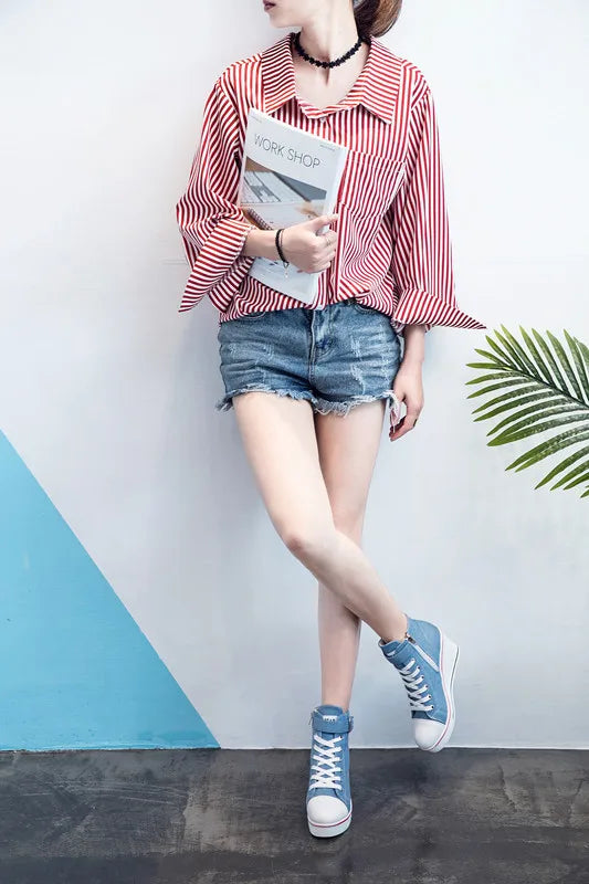 Spring and autumn new high -top high -top high -heeled canvas shoes loose bottom slopes thick leisure large size women's shoes