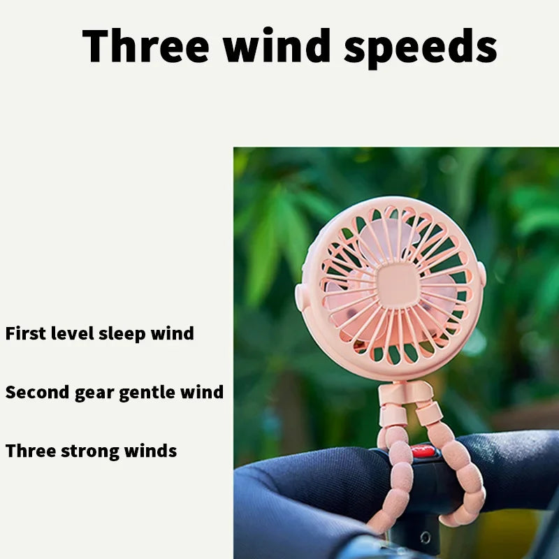 Tragbarer Mini-USB-Ventilator mit Oktopus-Motiv und flexiblem Stativ, 3 Geschwindigkeitsmodi, wiederaufladbarer Akku, persönliche Kühlung für Fahrrad, Kinderwagen, Auto
