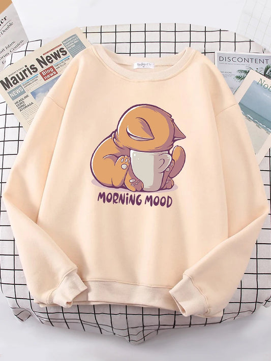 Katze schaut auf die Tasse, schönes Sweatshirt, Damenmode, Fleece-Kapuzenpullover mit Rundhalsausschnitt, lässige Hoodies, Pullover, Übergröße, Sportbekleidung