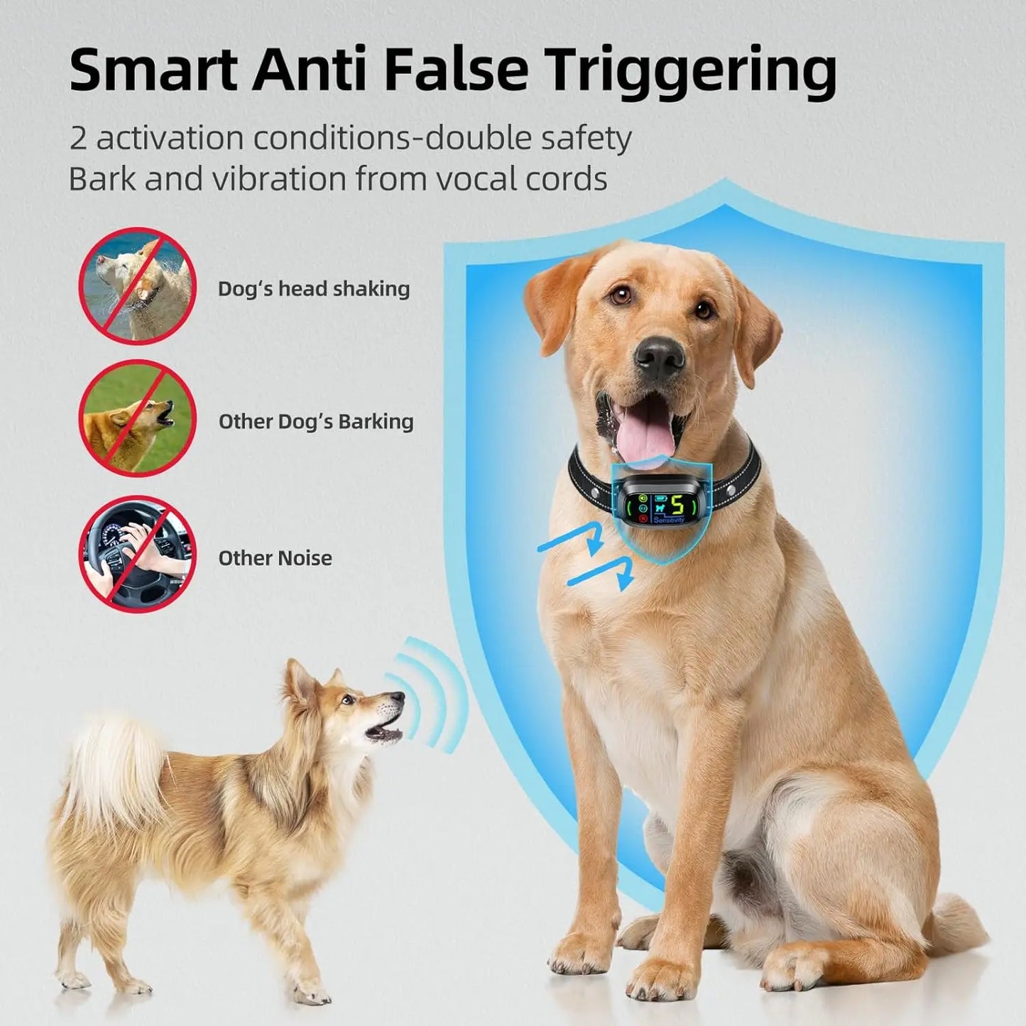 Fortschrittliches, intelligentes Anti-Bell-Hundehalsband – wiederaufladbar, 5-Modus-Training (Piep, Vibration, Schock) – human und effektiv für große,