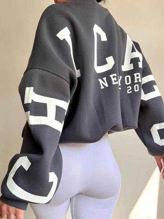 Frauen Grunge Lose Pullover Sweatshirts Zurück Brief Drucken Casual Verdickt Langarm Tops Herbst Streetwear